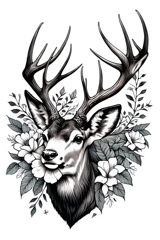 Long And Thin Western Tattoo Floral With Deer Antlers