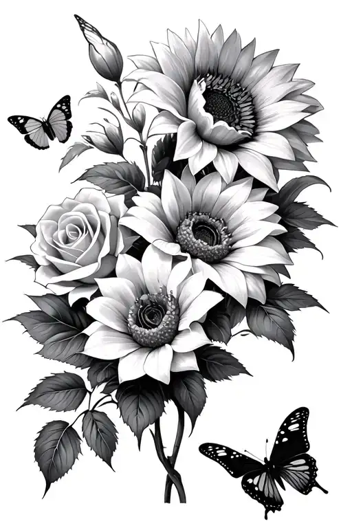 Various Flowers Sunflowers Rose Lily And Butterflies