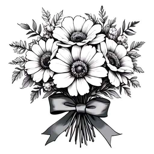 Sketched Birth Flower Bouquet Tied Together With A Ribbon