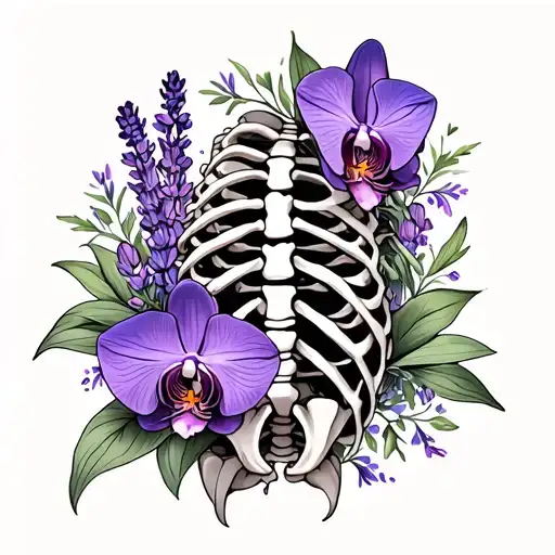 Rib Cage Tattoo With Orchid Flowers And Lavender Flowers