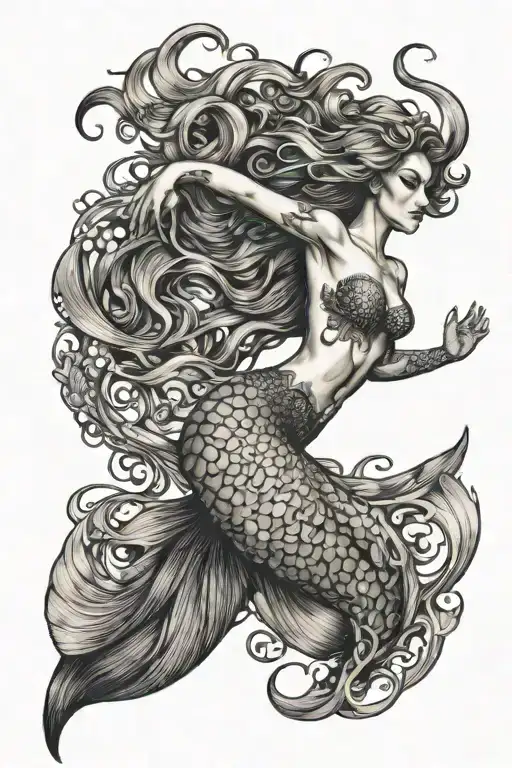 Mermaid Swimming Away In A Wave With Kelp Hair