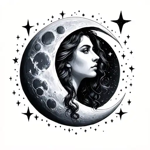 Realistic Women Moon Surrounded Stars