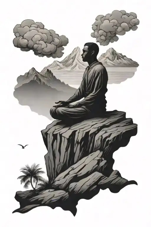 A Silhouette Of A Person Meditating On A Mountain Peak Overlooking The Beach