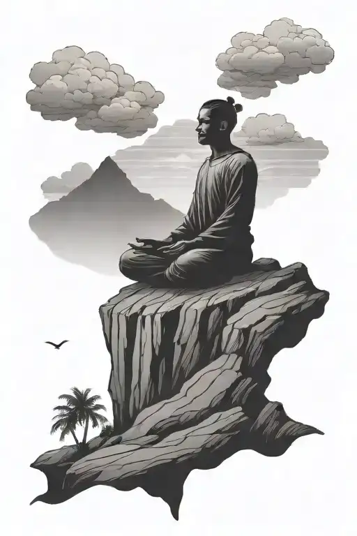 A Silhouette Of A Person Meditating On A Mountain Peak Overlooking The Beach