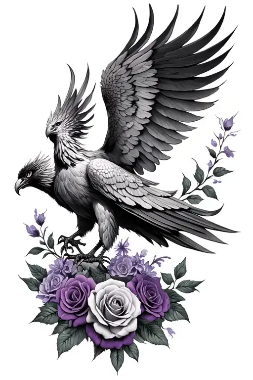 Phoenix Rising From The Ashes Surrounded With Roses And Lilac Flowers