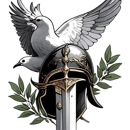Dove With Olive Branch Next To A Roman Helmet And Sword