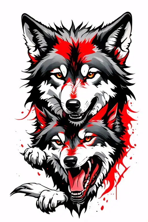 Red And Blak Wolf Fighting