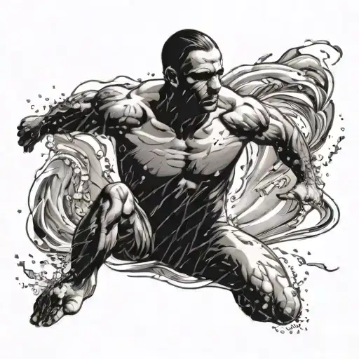 A Black-grey Tattoo Of A Swimmer Gracefully Gliding Through Water With A Shadowy Effect To Add Depth