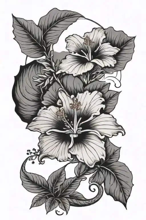 A Scenic Mountain Landscape With A Winding River And A Hibiscus Flower Blooming At The Forefront