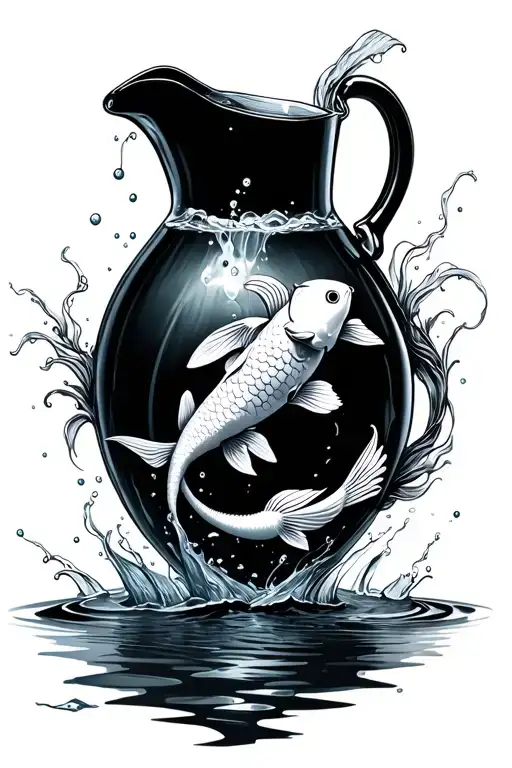 Aquarius Jug Pour Out Water Into Koi Fish Swimming