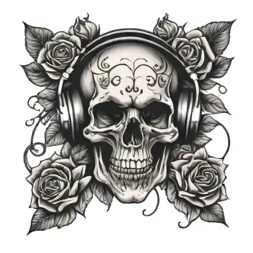 A Black-grey Tattoo Of A Skull Wearing Headphones And Surrounded By Roses