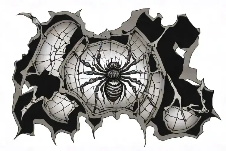 A Spider Crawling Out Of A Broken Mirror That Exposes The Bones Of The Rib Cage