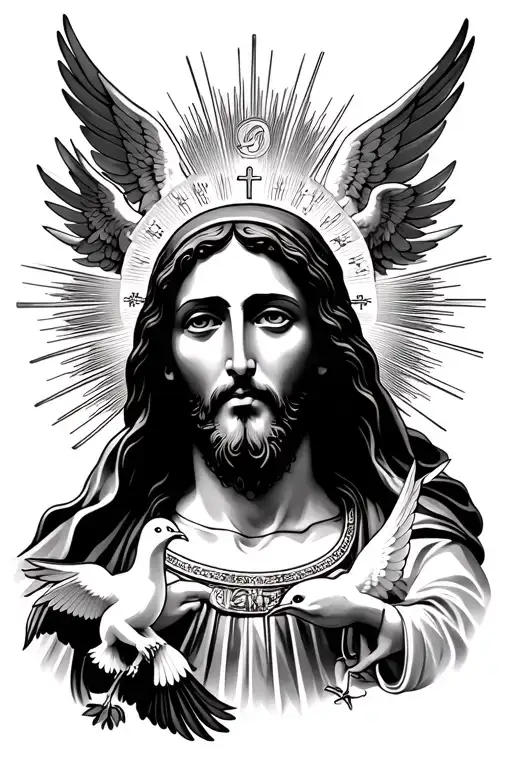 Jesus Christ Face Mother Mary Face Sorrounded With Huge Gods Rays And Angels Along With 2 Doves