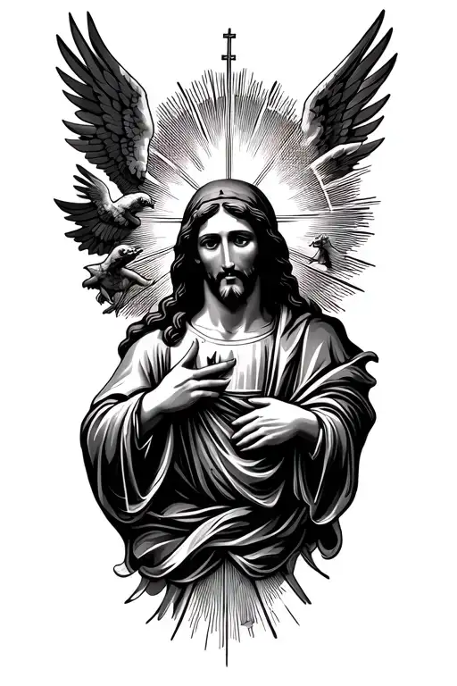 Jesus Christ Face Mother Mary Face Sorrounded With Huge Gods Rays And Angels