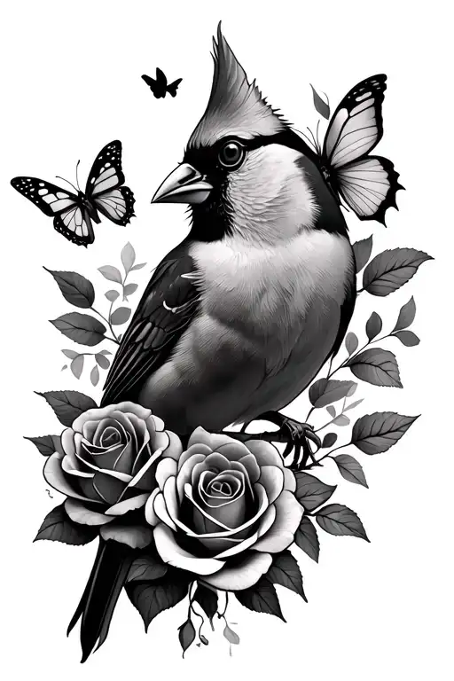 Cardinal With Roses And Butterflies Fluttering