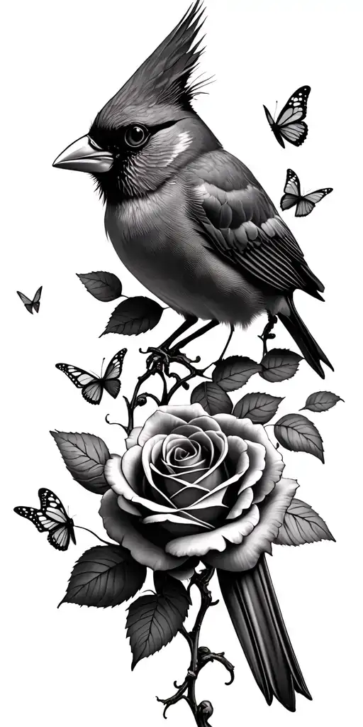 Cardinal With Roses And Butterflies Fluttering