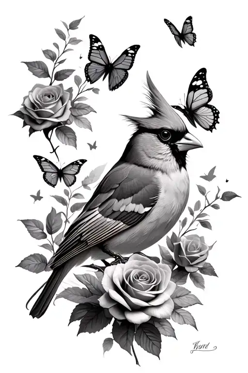 Cardinal With Roses And Butterflies Fluttering