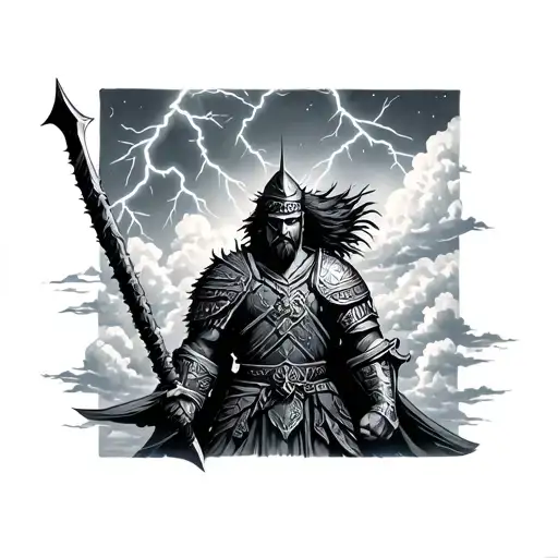 Scandinavian Warrior Against A Background Of Clouds And Lightning