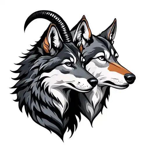Capricorn And Wolf Next To Each Others