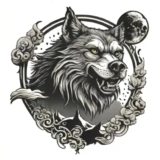 A Surreal Combination Of A Dark Art Piece With A Clown Face And A Wolf Howling At The Moon