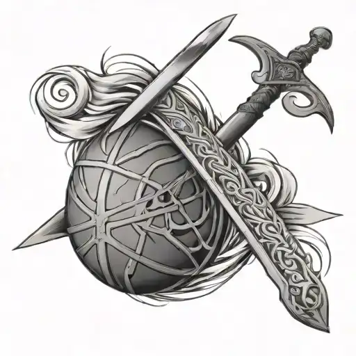 A Basketball With A Design Of A Sword Cutting Through It