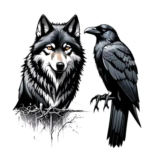 Wolf And Raven Perched