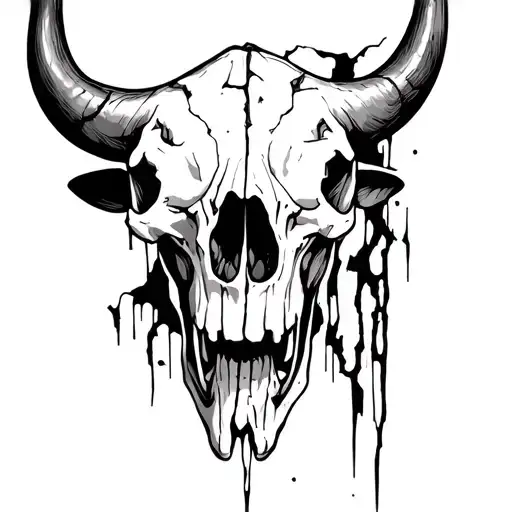 Bull Skull Black And White With Shading And A Couple Of Fractures Through The Scull