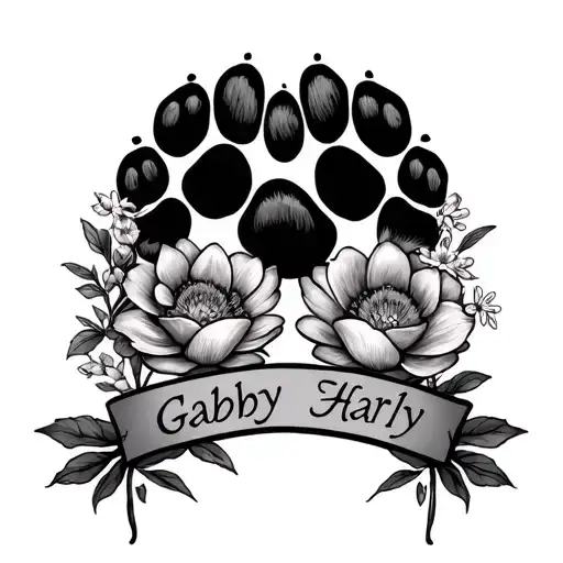 Two Cat Pawprints Surrounded By Flower Designs And Their Names- Gabby Harly