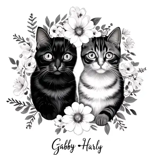 Two Cat Pawprints Surrounded By Flower Designs And Their Names- Gabby Harly