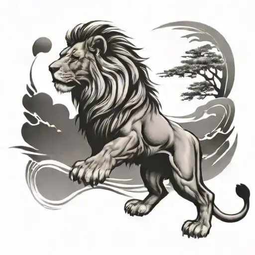 A Sleek And Modern Lion Tattoo With Subtle Japanese Elements Like Waves Or Clouds