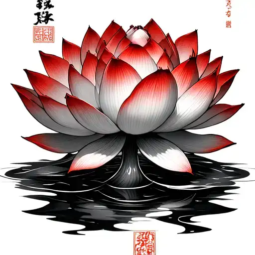 Red Lotus Flower With God Sent In Chinese Below