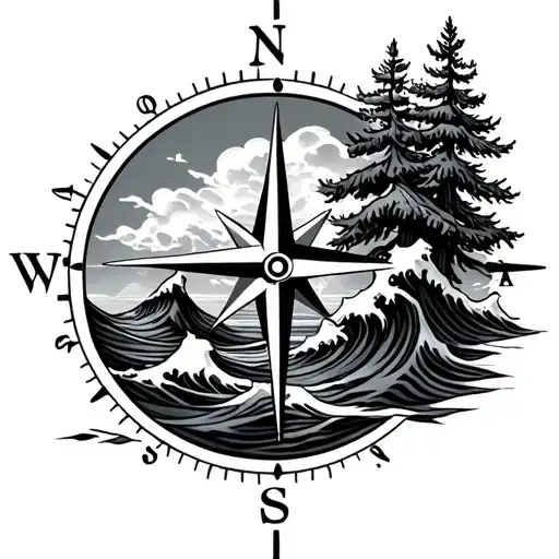 Compass And Pine Tree And Ocean Wave