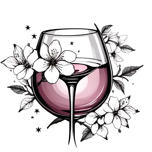 Wine Glass With Cherry Blossom And Star Minimalistic