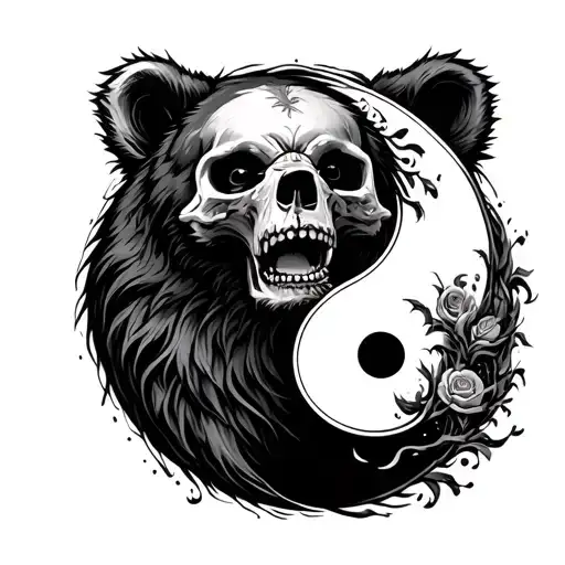 Yin & Yang Symbol But With A Bear's Head And A Human Skull Eating Each Other From Tip To Tail