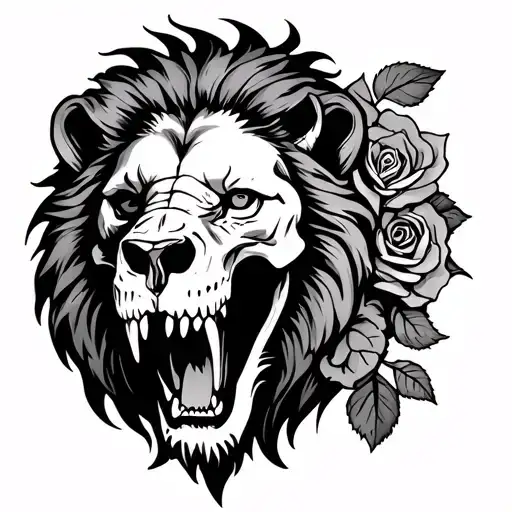 Skull Rose Lion Roaring