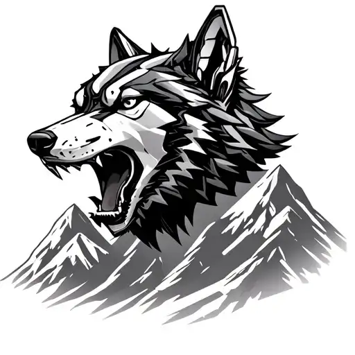 Robotic Wolf Head Growling With A Moutain Background