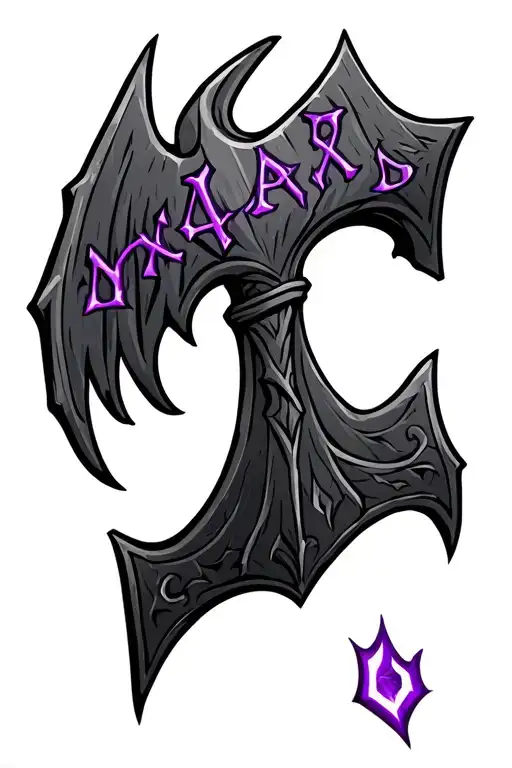 Dwarven Wing Bladed Axe Made With Black Steel With Purple Enchanted Letters Across The Blades