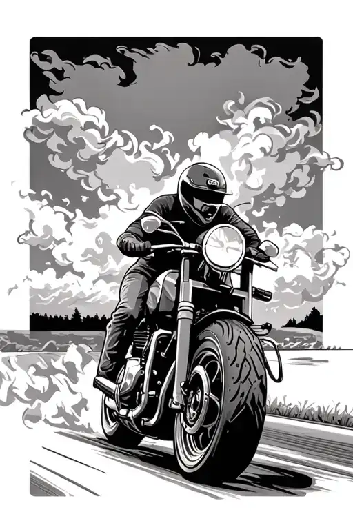 Biker Riding Away In The Sunset With Smoke Come From Back Tire
