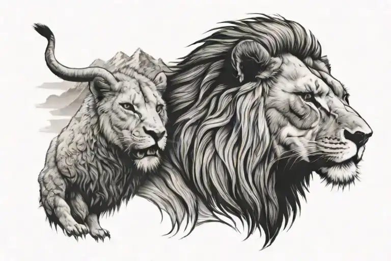 Lion And A Lamb With Mountains In The Background