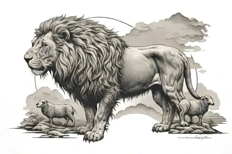 Lion And Sheep With Hills In The Background