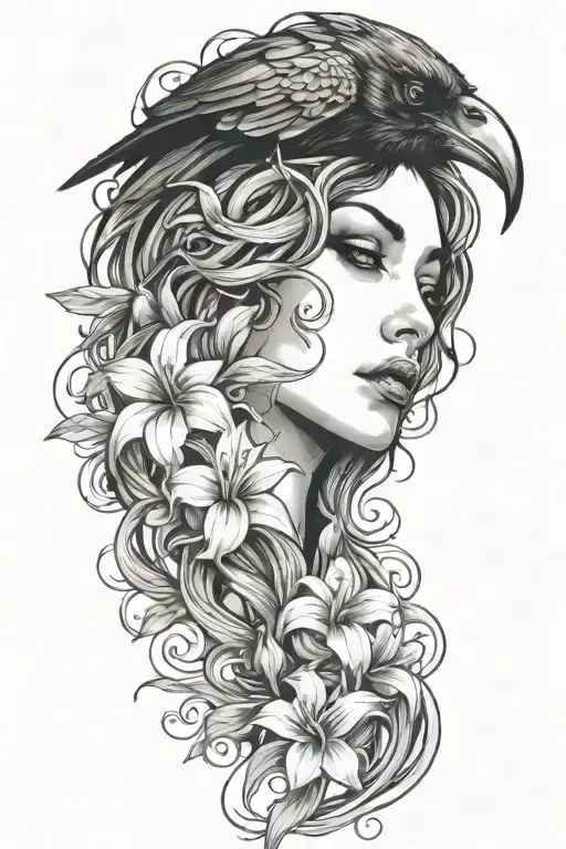 A Raven Flying And Medusa's Face Staring With Lilies Crashing Into 3 Ocean Waves