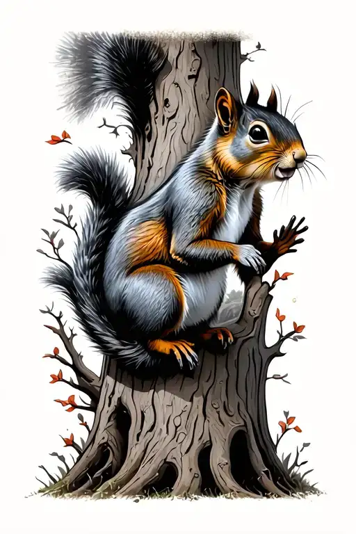 Climbing Squirrel Down Tree