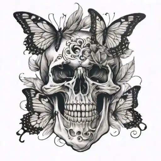 Skull With 2 Butterflies Coming Out Of Its Mouth