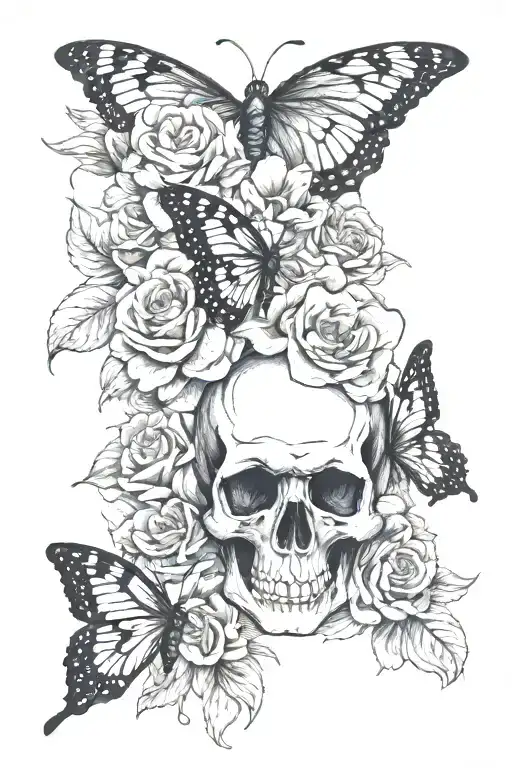Flowers With Butterfly And Skulls Representing Dark Periods
