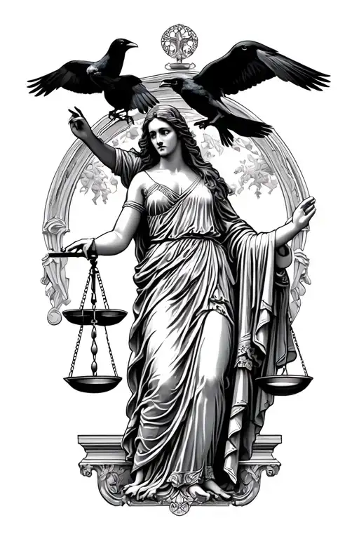 Roman Goddess Of Justice Ilustitia Holding Scales With Two Crows Flying Around Her As Death