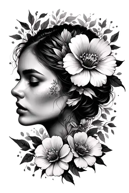 Half Of A Female Face With Flowers Surrounding