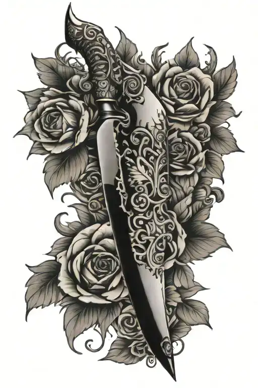 An Intricate Tattoo Design Combining Various Types Of Knives With Delicate Floral Elements