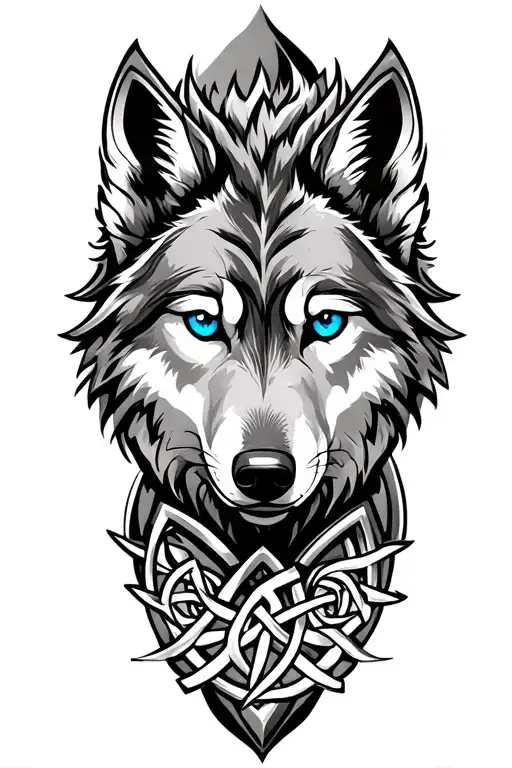 Wolf With Blue Eyes On Armor Tattoo Design Featuring Celtic Trinity Knot