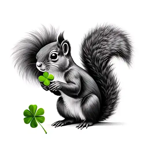 Small Simple Tattoo Of A Squirrel Holding A Four Leaf Clover
