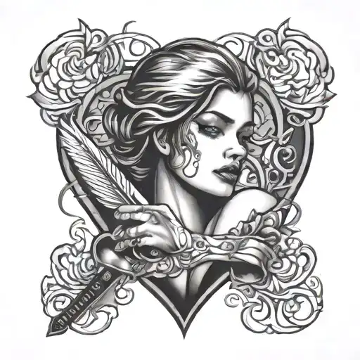 Dark And Mysterious Tattoo Of A Woman With A Knife Through Her Heart